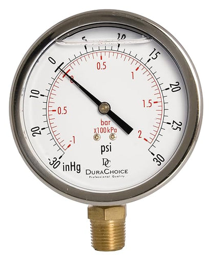 4" Oil Filled Vacuum Pressure Gauge - Stainless Steel Case, Brass, 1/2" NPT, Lower Mount Connection, 30HG/30PSI