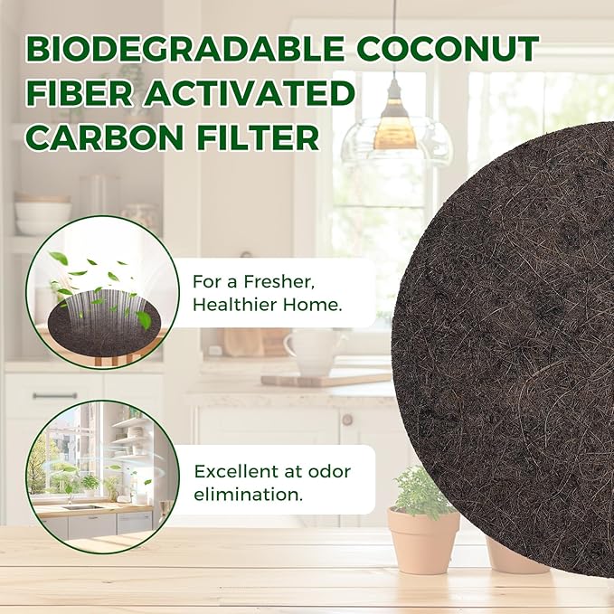 Compost Filters, 12-Pack, 7.25 Inch | Biodegradable Coconut Fiber Charcoal Air Filters for Kitchen Compost Bin, Bucket, Countertop Bin, with Sizing Template