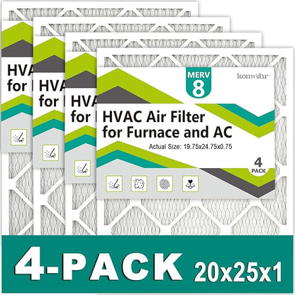 20x25x1 Air Filter MERV 8 (4-Pack), HVAC/Furnace AC Filter Replacement, Dust Defense–Comparable with MPR 600 & FPR 5 (Actual 19.75x24.75x0.75)