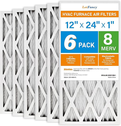 LotFancy 12x24x1 Air Filter MERV 8 6-Pack, Electrostatic Pleated Furnace & AC Filter, Captures Dust, Pet Hair, Pollen, Actual Size: 11.75"x23.75"x0.75"