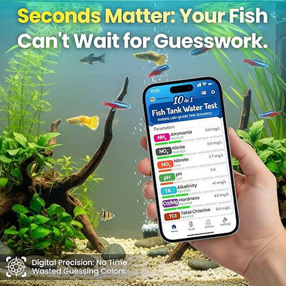 Digital Aquarium Water Test Kit, App-Enabled 10-in-1 Freshwater & Saltwater Aquarium Test Strips for Fish Tanks, Shrimp, Reef Test Strips, pH, Ammonia, Nitrate, Nitrite, GH, KH, Chlorine