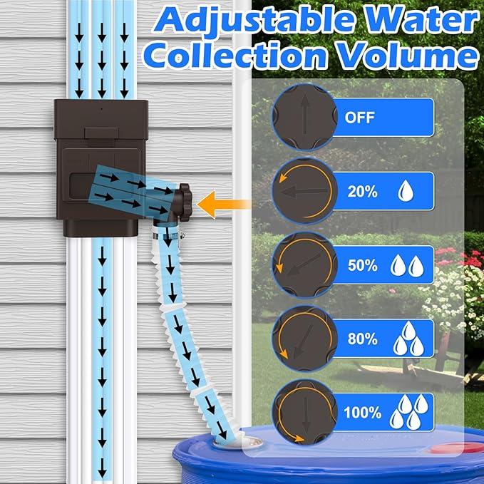WADEO Rainwater Collection System, Downspout Diverter Fits for 2"x 3" or 3"x 4" Residential Downspouts, Rain Barrel Diverter Kit with Adjustable Valve and Filter, 5FT Hose, Brown