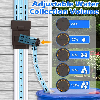 WADEO Rainwater Collection System, Downspout Diverter Fits for 2"x 3" or 3"x 4" Residential Downspouts, Rain Barrel Diverter Kit with Adjustable Valve and Filter, 5FT Hose, Brown