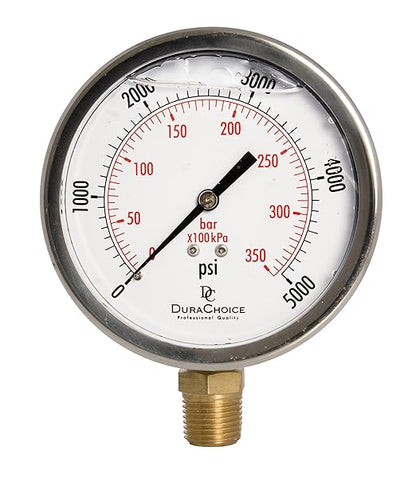 4" Oil Filled Pressure Gauge - Stainless Steel Case, Brass, 1/2" NPT, Lower Mount Connection, 0-5,000PSI