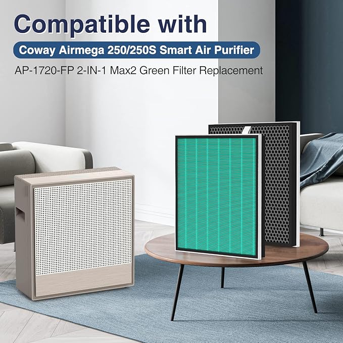 2 Pack 250/250S Replacement Filters for Coway Airmega 250 250S Max2 Air Purifier, Max 2 Green HEPA and Activated Carbon Filter Set, AP-1720-FP