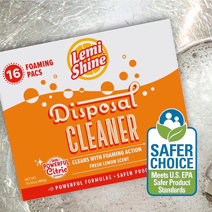 Lemi Shine Foaming Garbage Disposal Cleaner and Deodorizer - Citric Acid Cleaning Powder - Fresh Lemon Scent - 16.92 oz (16 Pack)