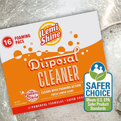 Lemi Shine Foaming Garbage Disposal Cleaner and Deodorizer - Citric Acid Cleaning Powder - Fresh Lemon Scent - 16.92 oz (16 Pack)