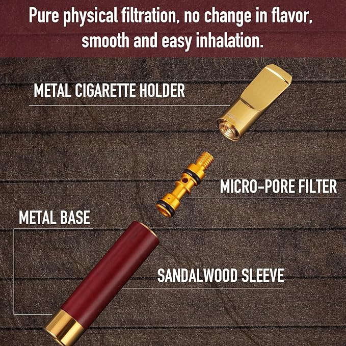 Reusable Washable Cigarette Filter Tips Mouthpiece Handcrafted Solid Wood Metal Smoking Cigarette Filter Never Fade Suitable for Coarse Fine Medium Birthdays Christmas Father Day Gift (Red Sandalwood)