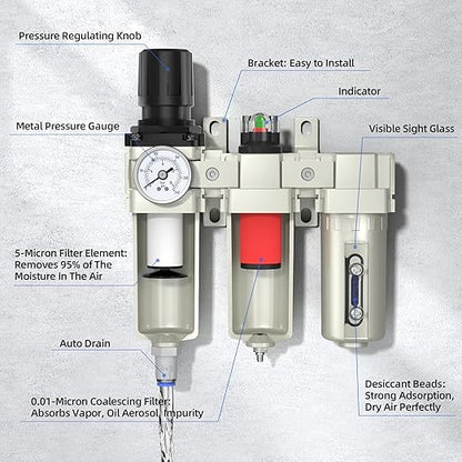 1/2" NPT Air Compressor Water Separator, Industrial Grade 3 Stage Air Drying System with 0-240 PSI Air Regulator, Particulate Filter, Coalescing Filter, Desiccant Dryer, Metal Bowl, Auto Drain