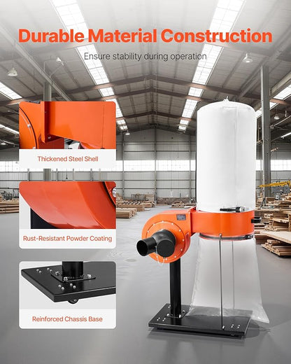 VEVOR Dust Collector, 800 CFM 2.5 Micron Vortex Cone Dust Collectors, 1HP Sawdust Collection System with 16-Gallon Large Capacity Dusts Collector Bag, Filter Bag, and Casters, 3400 RPM High Speed