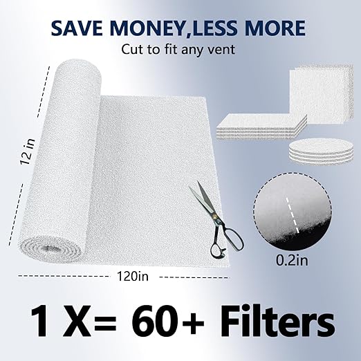MERV 8 Air Vent Filters, 12" x 120"Cut to Fit Air Filter Material (60+ Filters),Electrostatic Triple Vent Filter for Floor, Ceiling, HVAC Furnace Vents, Includes 48 Adhesive Hook Tape