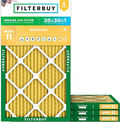 Filterbuy 20x30x1 Air Filter MERV 11 Superior Pet & Allergy Defense (4-Pack), Electrostatic Pleated HVAC AC Furnace Filters Replacement, Made in USA (Actual Size: 19.63 x 29.63 x 0.75)