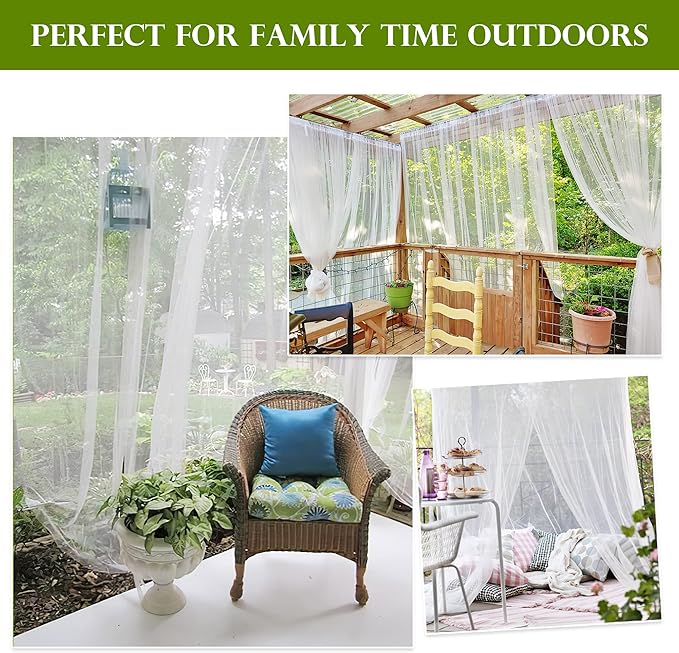 RYB HOME 2 Panels Garden Netting Size Adjustable Porch Screen Mesh Outdoor Curtains Lightweight Mosquito Curtains for Patio Gazebo Pool Hut Bug Netting, White, 118 inches Wide x 120 inches Long