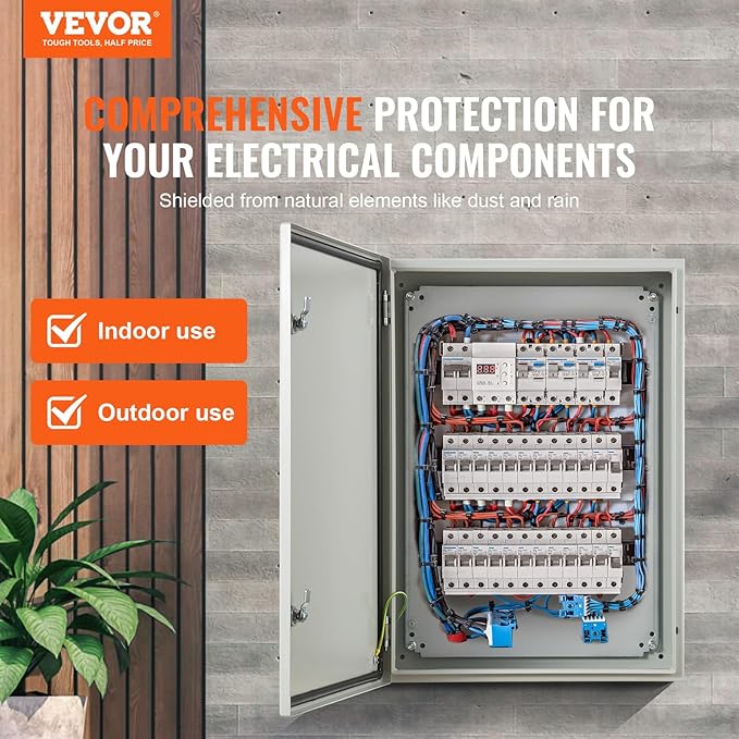 VEVOR Steel Electrical Box, 28 x 20 x 10 in, Cold Rolled Steel Electrical Enclosure Box, Wall-Mounted Outdoor Electrical Electronic Equipment Enclosure with Mounting Plate Hinges Lock, IP66 Waterproof