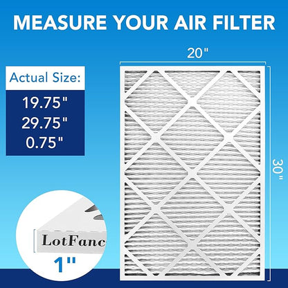 LotFancy 20x30x1 Air Filter MERV 13 6-Pack, Electrostatic Pleated HVAC Furnace Air Filter, Captures Pet Dander Smog Smoke, Actual Size: 19.75"x29.75"x0.75"