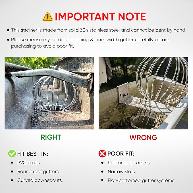 Gutter Guard, 304 Stainless Steel Roof Drain Cover, Anti-Clogging Filter for Leaves & Debris, Outdoor Pipe Protector for Roofs, Balconies, and Gardens (Pack of 1, 2 inch)