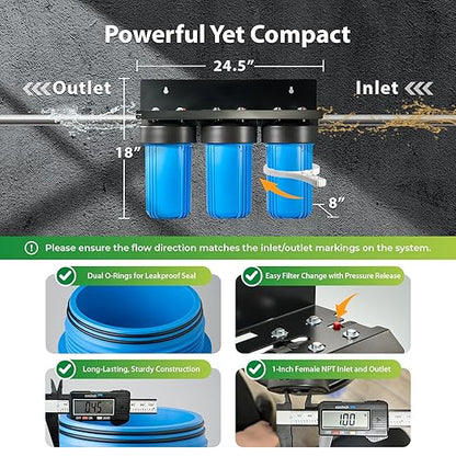 iSpring WGB31B-KSNC Whole House Water Filter System, SGS-Tested to Remove up to 94.4% of Chloramine, 3-Stage Filtration Reduces Heavy Metals, Lead, Chlorine, Sediment, VOC, 10” x 4.5” Filters