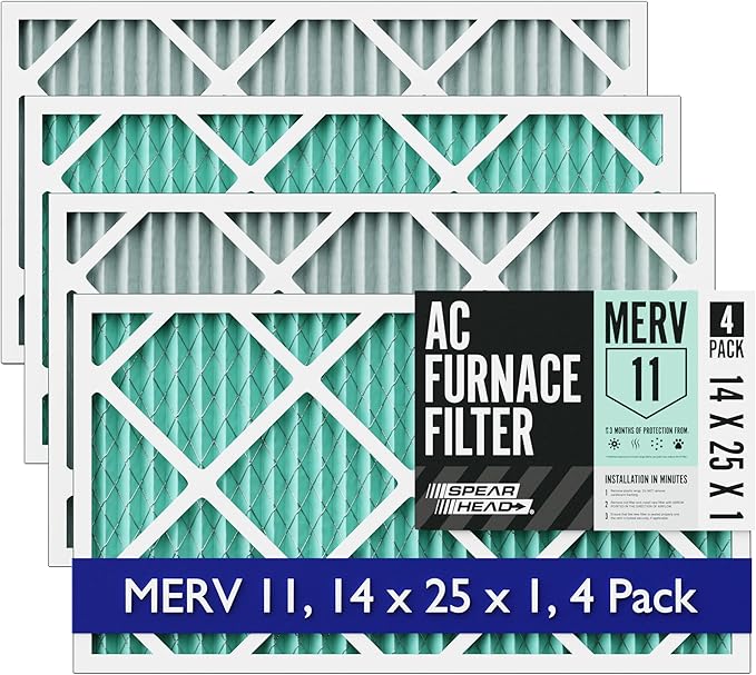 Spearhead [14x25x1, 4-PK] MERV 11+ EPA-Registered Odor Defense HVAC AC Furnace Filter w/Rigid Frame, Clog-Free Design, Verified Efficiency & Quiet Filtration