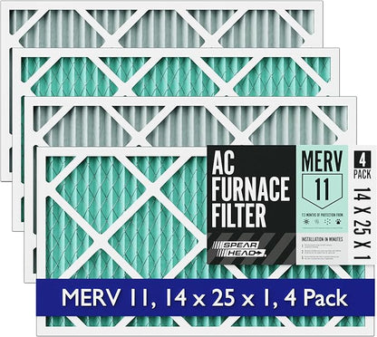 Spearhead [14x25x1, 4-PK] MERV 11+ EPA-Registered Odor Defense HVAC AC Furnace Filter w/Rigid Frame, Clog-Free Design, Verified Efficiency & Quiet Filtration