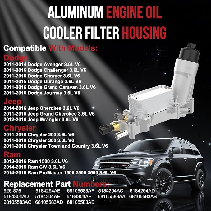926-876 Aluminum Engine Oil Cooler Oil Filter Housing Adapter for Dodge Avenger Challenger Charger Durango Grand Caravan Journey, Jeep Grand Cherokee Wrangler, Chrysler 200 300 Town Country, Ram 3.6L