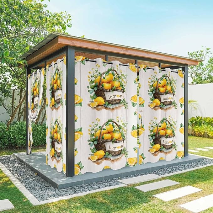 Lemon Outdoor Curtains for Patio Lemons Baskets Summer Tropical Plant Wood Waterproof Outside Curtains with Grommet Top Weatherproof Curtain for Cabana Pergola Gazebo, 2 Pack, 54" W x 95" L