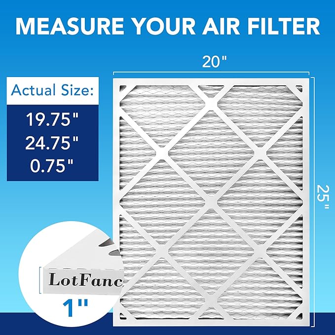 LotFancy 20x25x1 Air Filter MERV 13 6-Pack, Electrostatic Pleated HVAC Furnace Air Filter, Captures Pet Dander Smog Smoke, Actual Size: 19.75"x23.75"x0.75"