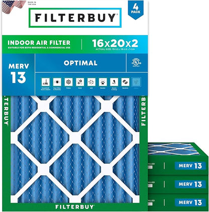 Filterbuy 16x20x2 Air Filter MERV 13 Optimal Smoke & Allergy Defense (4-Pack), Electrostatic Pleated HVAC AC Furnace Filters Replacement, Made in USA (Actual Size: 15.50 x 19.50 x 1.75)