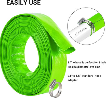 1-1/2" x 50 FT Pool Backwash Hose, Green Heavy Duty Reinforced PVC Lay Flat Water Discharge Hose for Swimming Pool Filter Pump,with 2 Clamp