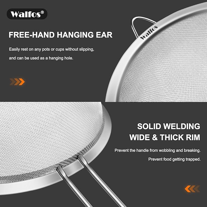 Walfos Fine Mesh Strainer 4PCS, Versatile Kitchen Strainer with Handle - 7", 4.6", 3.15", 2.7" Sieve Fine Mesh Stainless Steel, Metal Strainers and Sifters for Rice, Quinoa, Tea, Cocktail, Juice