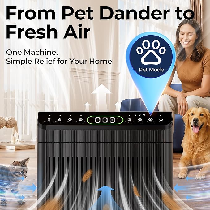 Air Purifiers for Home Large Room up to 2200sq.ft with Washable Filters, EVALIT Air Purifier for Home Pets with Fragrance, PM 2.5 Display Air Quality Sensor for Smoke Dust Odors, Black, 1Pack+3Modes