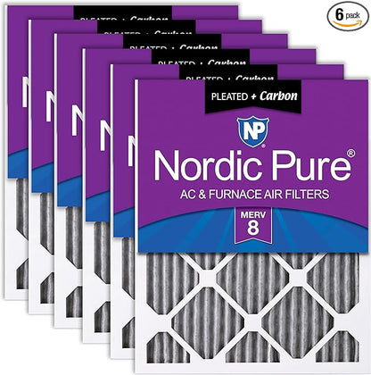 Nordic Pure 20x20x1 (Actual Size: 19 1/2 x 19 1/2 x 3/4) Furnace Air Filters MERV 8 Pleated Plus Carbon 6 Pack