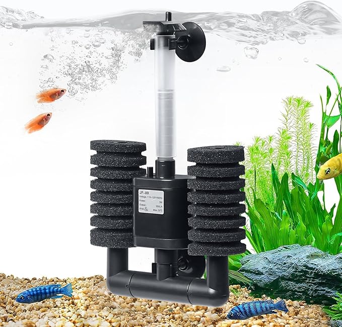 Aquarium Sponge Filter 5-20 Gallon Fish Tank Filter, Electric Power Double Sponge Filter, Quiet Small Low Flow Foam Filter for Fish Tank Betta Shrimp, Intake Dual Sponge Filter Kit w/Pump