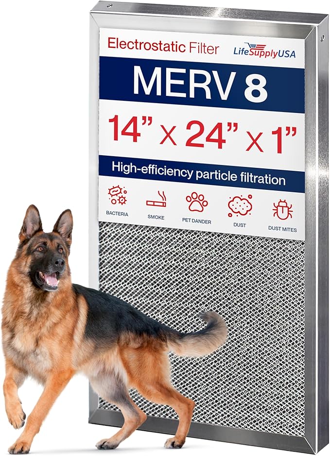 14x24x1 Electrostatic Air Filter, MERV 8, Washable, Reusable Furnace AC/HVAC Filter, Energy Saving, Easy to Clean, Long-Lasting by LifeSupplyUSA