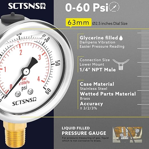 2-1/2" Dial Size, 0-60 Psi Low Pressure Gauge, Glycerin Liquid Filled, 1/4" NPT Lower Mount, Stainless Steel Case, for Pool Sand Filter, Water Pump, Propane, Coolant, CO2, Gas Pressure Test