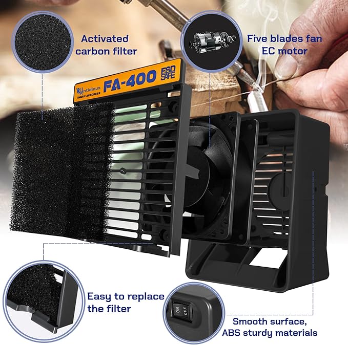 Antidious Fume Extractor Anti-ESD Solder Smoke Absorber Portable Filter for Soldering DIY Fan Extraction Equipment with Spare Activated Carbon for Brazing Welding Soldering, Fume Prevention Remover
