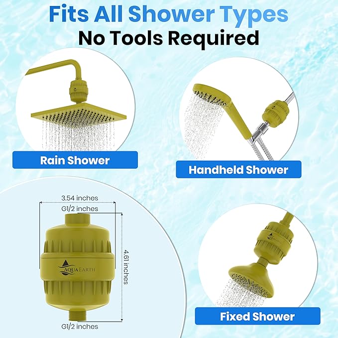 Shower Head Filter For Hard Water Gold 20 Stages to Remove Chlorine Fluoride Water Softener Coconut Shell Activated Carbon Reduces Dry Itchy Skin Heavy Metals Other Sediments Vitamin C Aqua Earth