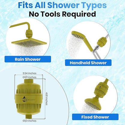 Shower Head Filter For Hard Water Gold 20 Stages to Remove Chlorine Fluoride Water Softener Coconut Shell Activated Carbon Reduces Dry Itchy Skin Heavy Metals Other Sediments Vitamin C Aqua Earth