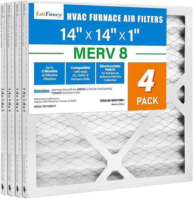 LotFancy 14x14x1 Air Filter MERV 8 4-Pack, Electrostatic Pleated Furnace & AC Filter, Captures Dust, Pet Hair, Pollen, Actual Size: 13.75"x13.75"x0.75"