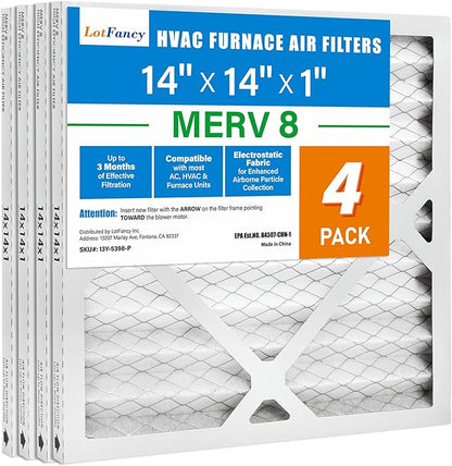 LotFancy 14x14x1 Air Filter MERV 8 4-Pack, Electrostatic Pleated Furnace & AC Filter, Captures Dust, Pet Hair, Pollen, Actual Size: 13.75"x13.75"x0.75"