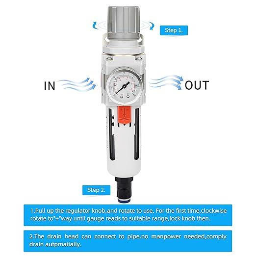 NANPU 1/2" NPT Compressed Air Filter Regulator Combo Piggyback, Auto Drain, 5 Micron Brass Element, Poly Bowl, Metal Bracket, 0-150 psi Gauge
