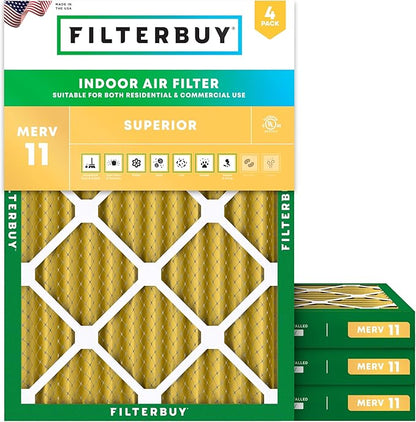 Filterbuy 24x30x2 Air Filter MERV 11 Superior Pet & Allergy Defense (4-Pack), Electrostatic Pleated HVAC AC Furnace Filters Replacement, Made in USA (Actual Size: 23.50 x 29.50 x 1.75)