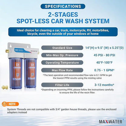 Max Water 2 Stage Deionized Spot Free Car Rinse Unit, Premium Water Deionizer for Spotless Car Wash Water System, RV and Motorcycle, No Towel Drying - 2 DI Filters with 45-80 PSI & 3/4" Inlet/Outlet