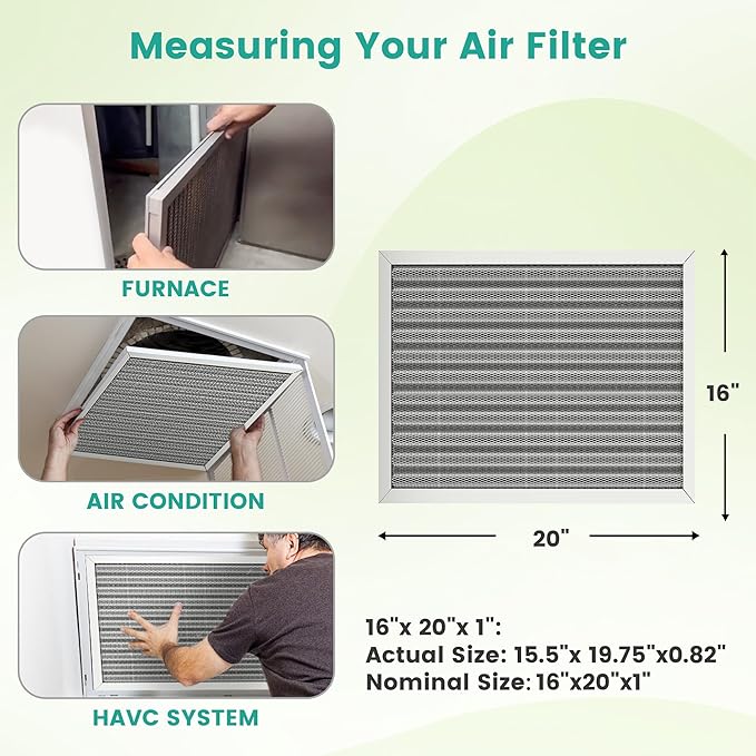 16x20x1 Reusable Air Filter, Washable, Electrostatic HVAC AC Furnace Filter, Merv 8, Lasts a Lifetime, Breathe Safe at Home or in the Office (Actual Size:15.5x19.75x0.8 Inch)