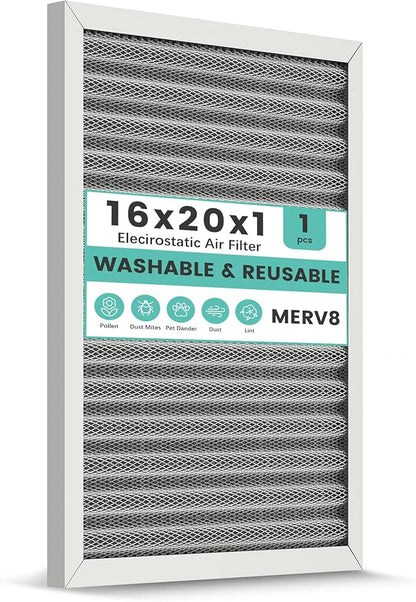 16x20x1 Reusable Air Filter, Washable, Electrostatic HVAC AC Furnace Filter, Merv 8, Lasts a Lifetime, Breathe Safe at Home or in the Office (Actual Size:15.5x19.75x0.8 Inch)