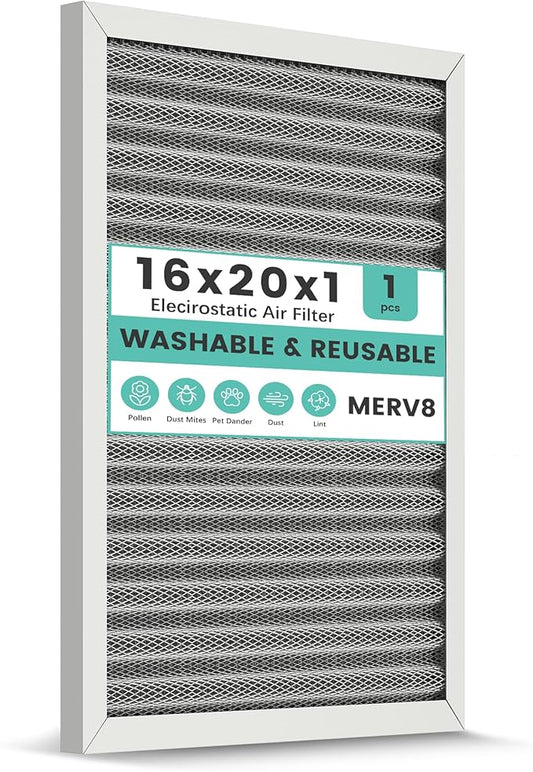 16x20x1 Reusable Air Filter, Washable, Electrostatic HVAC AC Furnace Filter, Merv 8, Lasts a Lifetime, Breathe Safe at Home or in the Office (Actual Size:15.5x19.75x0.8 Inch)