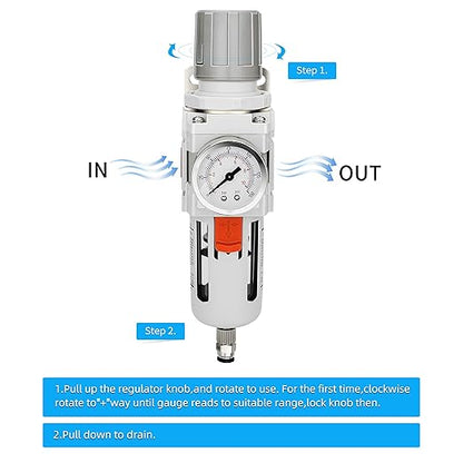 NANPU 3/4" NPT Compressed Air Filter Regulator Combo Piggyback, 5 Micron Brass Element, Poly Bowl, Semi-Auto Drain, Metal Bracket, 0-150 psi Gauge
