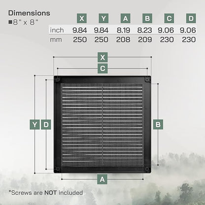 Vent Systems 8" x 8" (Opening Dimensions) Black Plastic Soffit Vent Cover - Durable Flat Square Air Vent Grille with Mesh Screen - Weather Resistant Ventilation Grill Wall & Ceiling Indoor & Outdoor