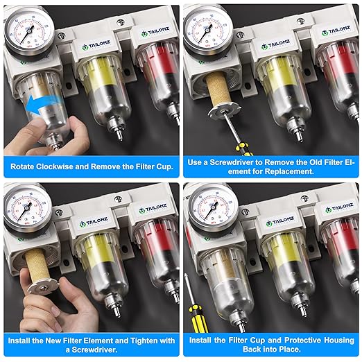 TAILONZ PNEUMATIC 0-150PSI 1/4 Inch NPT Grade 3 Stage Air Drying System, Particulate Filter, Air Filter Pressure Regulator Combo Piggyback, Air Tool Compressor Filter with Gauge (Semi-Auto Drainage）