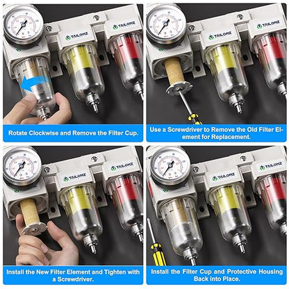 TAILONZ PNEUMATIC 0-150PSI 1/4 Inch NPT Grade 3 Stage Air Drying System, Particulate Filter, Air Filter Pressure Regulator Combo Piggyback, Air Tool Compressor Filter with Gauge (Semi-Auto Drainage）