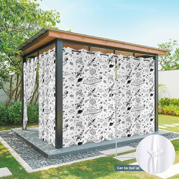 Cartoon Space Outdoor Curtains for Patio Rockets Astronauts Planets Black Waterproof Outside Curtains with Grommet Top Weatherproof Curtain for Cabana Pergola Gazebo, 1 Panel, 54" W x 108" L